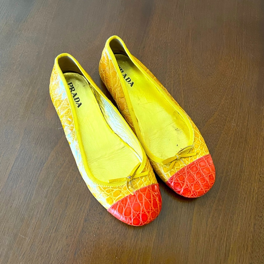 Prada Yellow and Orange Croc-Effect Leather Ballet Flats